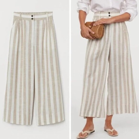 NWOT H&M White & Tan Linen Stripe Cropped Wide Leg Pants Size 12 - Picture 1 of 6